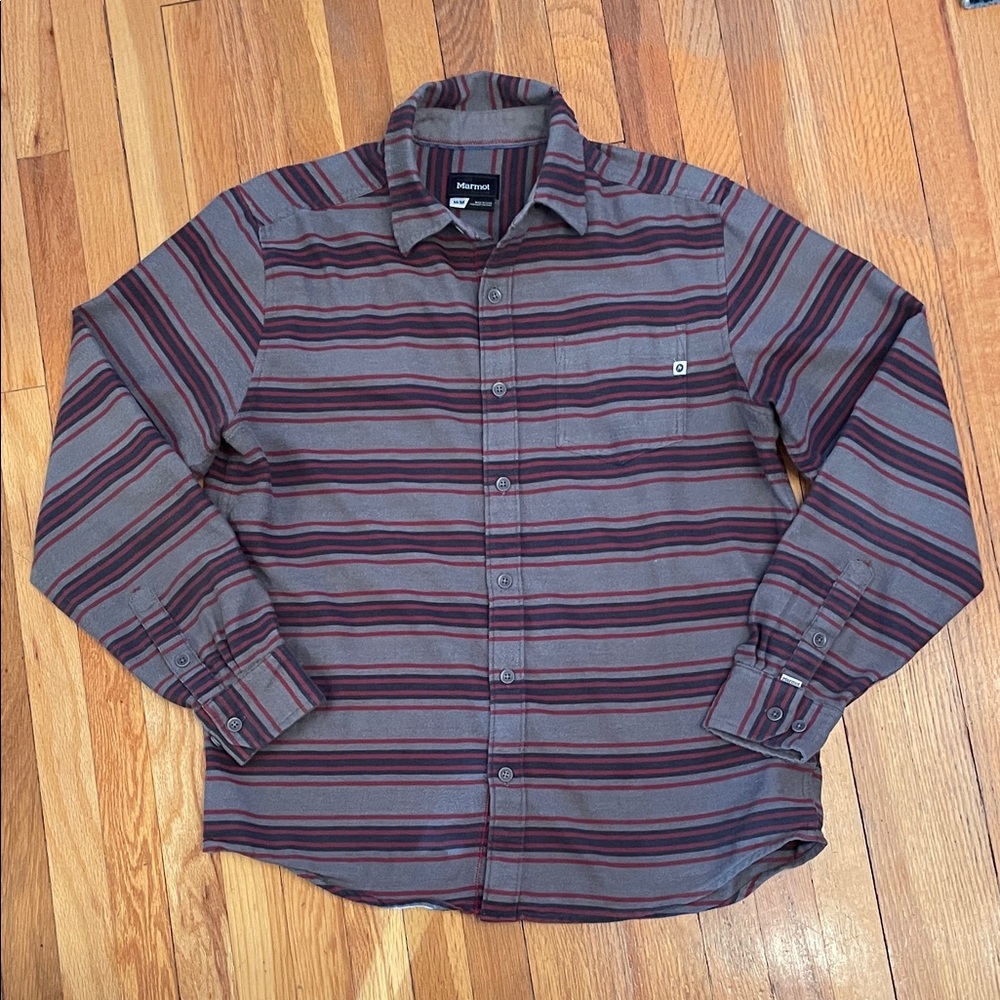 MARMOT Men's Casual Gray & Red Striped Cottagecore Outdoor Indie Button-Up Shirt